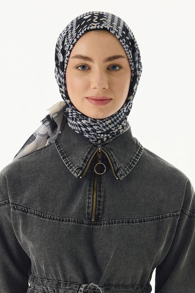 FENZA SCARF MAYA Mini șal din bumbac negru cu model de ghetare