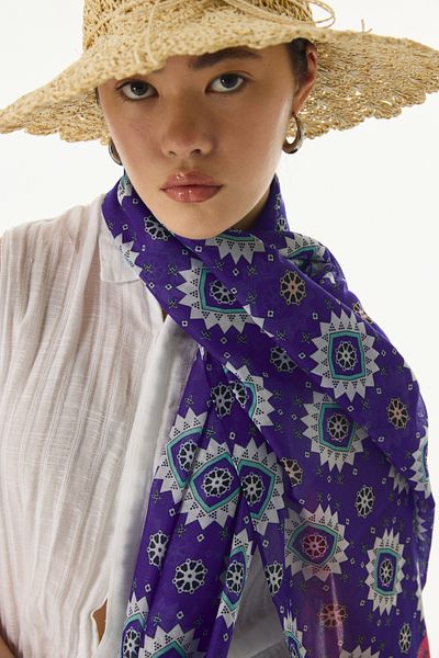 FENZA SCARF Şal din bumbac EMBER cu model etnic albastru-fucsia