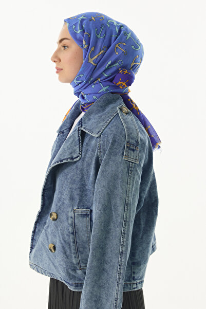 FENZA SCARF MABEL Parliament Blue Cotton Shawl - Orange with Rudder Pattern