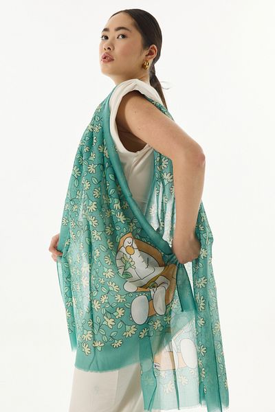 FENZA SCARF Bumbac verde FARAH șal cu model de caractere în dungi