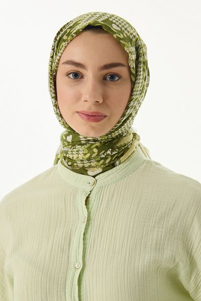 FENZA SCARF MAYA - Πράσινο βαμβακερό μίνι σάλι με μοτίβο καρδιάς