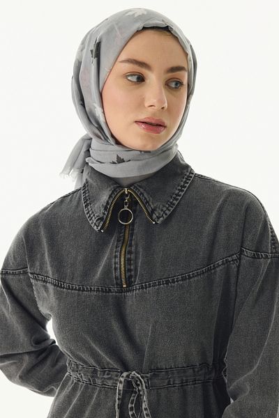 FENZA SCARF Gray Cotton Shawl - Zeta Leaf Pattern