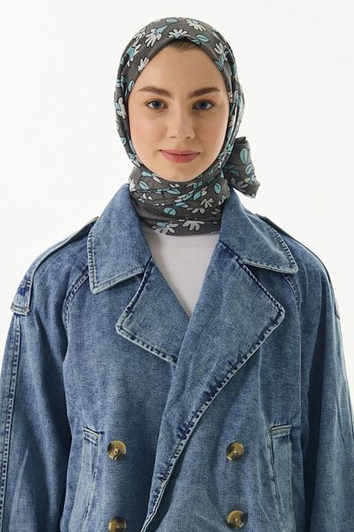 FENZA SCARF Γκρι βαμβακερό σάλι FARAH - Μοτίβο χαρακτήρων γραμμής