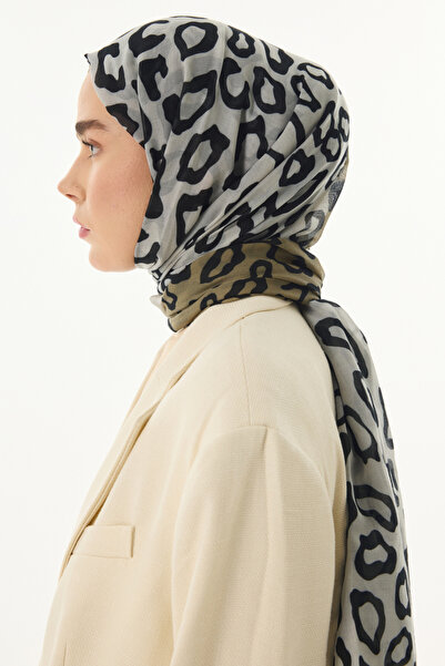 FENZA SCARF Ami̇ra Gradio Leopard Pattern Khaki-Water Green Cotton Shal