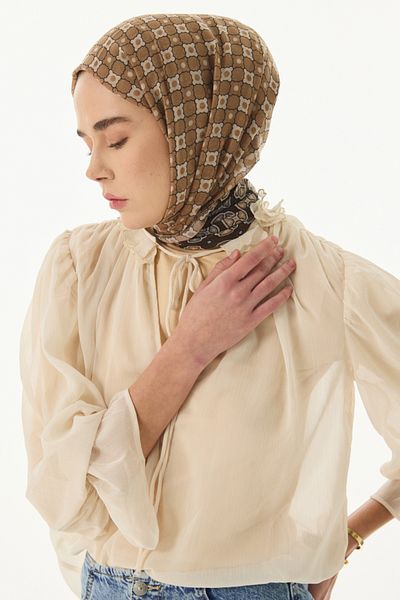 FENZA SCARF CAROL Καφέ βαμβακερό σάλι με γεωμετρικό σχέδιο