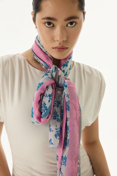 FENZA SCARF Gray Cotton Shawl - Lilac Floral Pattern