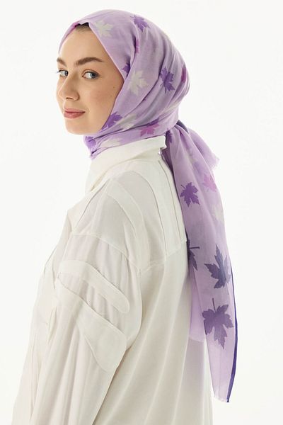FENZA SCARF Σάλι Zeta Lilac με μοτίβο από βαμβακερά φύλλα