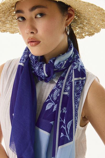 FENZA SCARF SHAY Βαμβακερό μοτίβο λουλουδιών Indigo-Navy Blue Σάλι