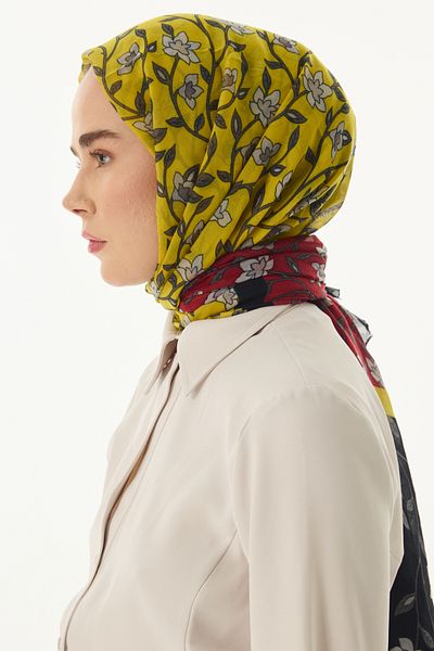 FENZA SCARF Μαύρο-Κόκκινο Βαμβακερό Σάλι με μοτίβο λουλουδιών τριαντάφυλλου
