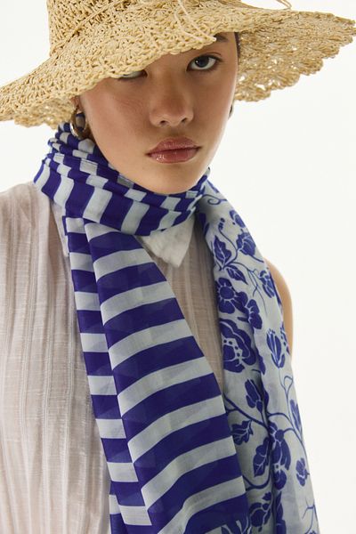 FENZA SCARF PAMELA șal din bumbac cu dungi bleumarin