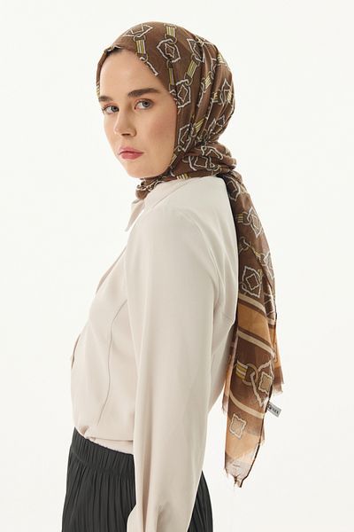 FENZA SCARF GLORIA - Καφέ βαμβακερό σάλι, μοτίβο κύβου