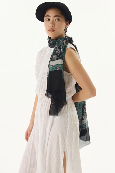 FENZA SCARF Black Cotton Daisy Flower Patterned Shawl