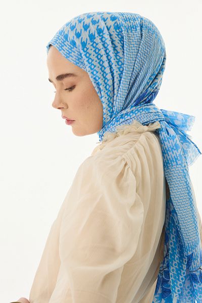 FENZA SCARF Şal din bumbac Baby Blue-Bleumarin cu model de frunze de tulipan