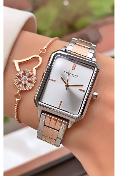 Ferrucci ساعة يد نسائية بسوار فولاذي بلون فضي وردي - سوار