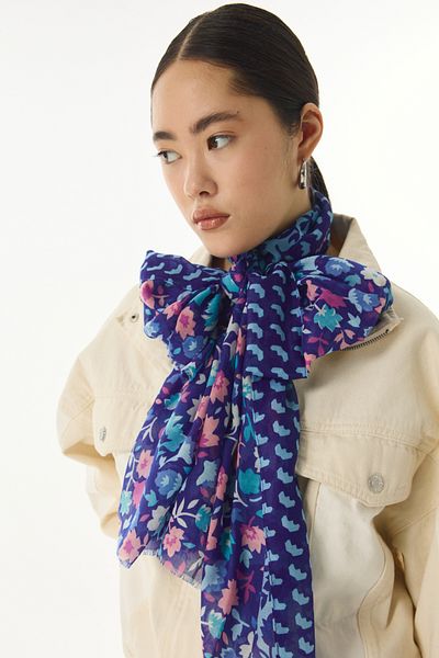 FENZA SCARF Bloom Plumeria Patterned Saks Μπλε-Φούξια Βαμβακερό Σάλι