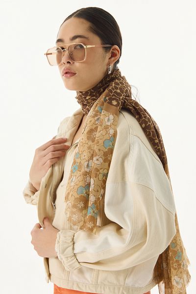FENZA SCARF Βαμβακερό σάλι Camel με ανοιξιάτικο σχέδιο LILY