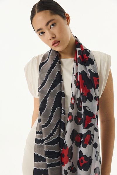 FENZA SCARF Amber Wave Pattern Red-Grey Cotton Shawl