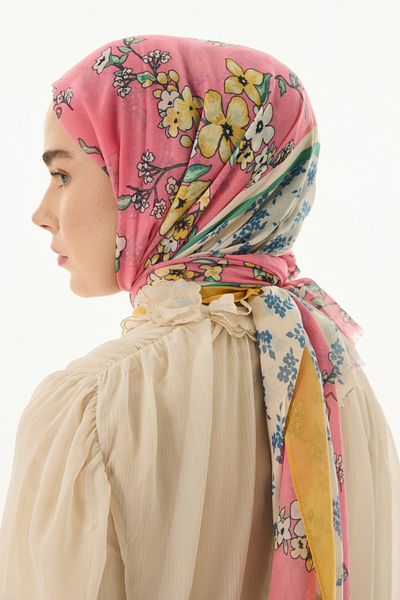 FENZA SCARF Σάλι με λουλουδάτο σχέδιο LILAC με ροζ βαμβακερό σχέδιο καραμέλας