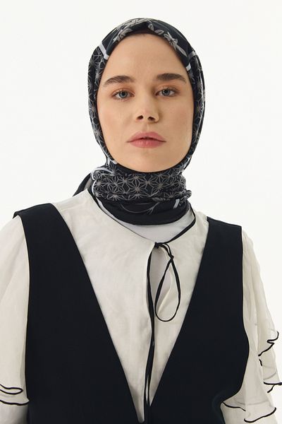 FENZA SCARF SHAY Black-Grey Cotton Floral Pattern Shawl