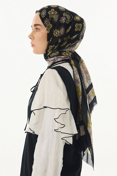 FENZA SCARF Şal din bumbac negru cu model Lotus Bow