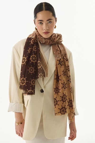 FENZA SCARF Mabel Helm Patterned Cotton Brown-Mink Shawl
