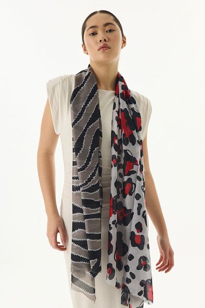 FENZA SCARF Amber Wave Pattern Red-Grey Cotton Shawl