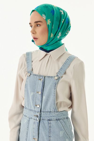FENZA SCARF Πράσινο βαμβακερό σάλι Zeta - Μοτίβο φύλλων