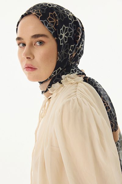 FENZA SCARF Şal din bumbac negru-fum cu model Sirius Star