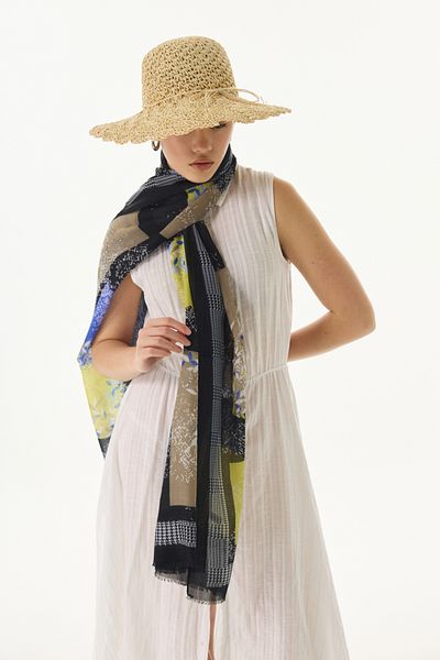 FENZA SCARF FAYLINN Μαύρο-Λάδι Πράσινο Βαμβακερό Σάλι - Μοτίβο Περιτυλίγματος