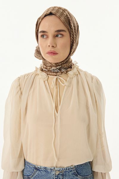 FENZA SCARF Βαμβακερό σάλι με φύλλα τουλίπας σε καφέ-κρεμ χρώμα