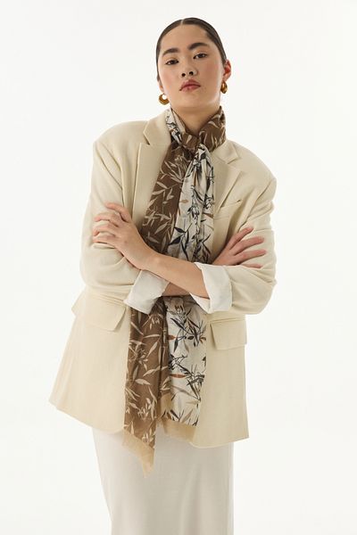 FENZA SCARF Βαμβακερό σάλι με μοτίβο με φύλλα ελιάς καφέ-μπεζ