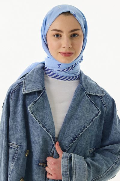 FENZA SCARF Şal din bumbac albastru bebeluş - Motiv cu fundă HOLLY