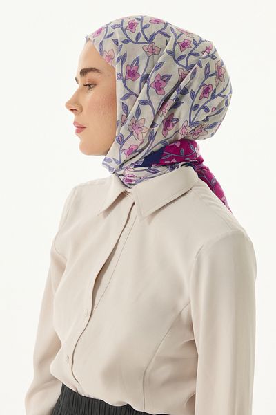 FENZA SCARF Φούξια-Μπλε βαμβακερό σάλι - ROSE Floral Pattern
