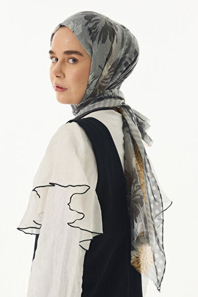 FENZA SCARF Σάλι GRACE Γκρι βαμβακερό με λουλουδάτο σχέδιο