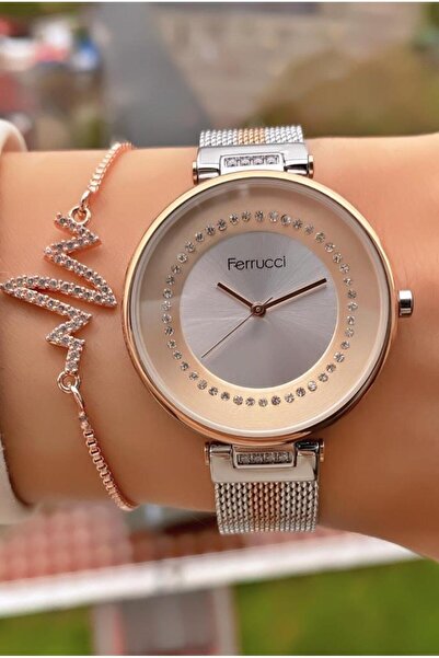 Ferrucci ساعة يد نسائية بسوار فولاذي بلون فضي وردي - سوار