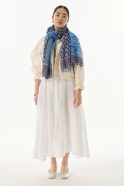 FENZA SCARF Şal din bumbac albastru cu model floral geometric violent