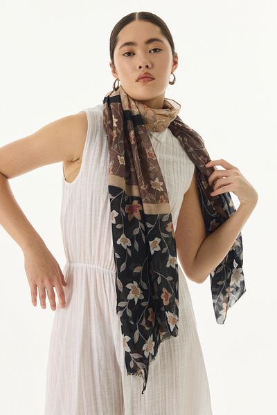 FENZA SCARF Şal cu model de flori de trandafir din bumbac negru-maro