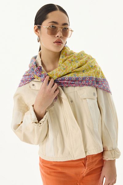 FENZA SCARF Ροζ βιολετικό γεωμετρικό μοτίβο λουλουδιών Βαμβακερό σάλι καραμέλας