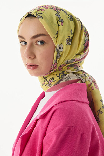 FENZA SCARF LİLAC ÇİÇEK DESEN SARI PAMUKLU ŞAL