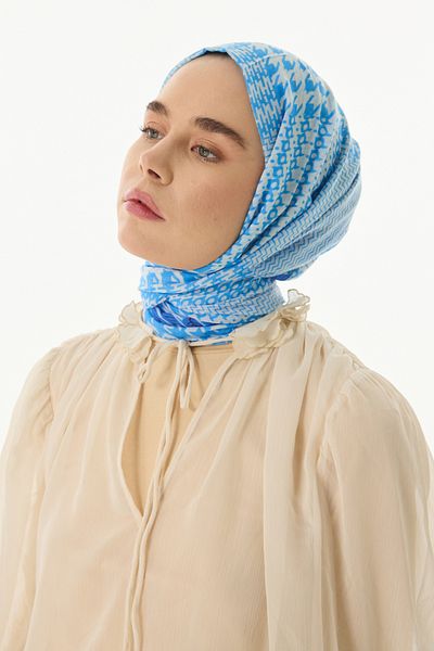 FENZA SCARF Şal din bumbac Baby Blue-Bleumarin cu model de frunze de tulipan