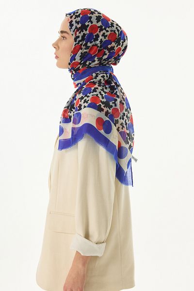 FENZA SCARF Βαμβακερό σάλι με γραφικό σχέδιο AMY - Saks Blue and Red
