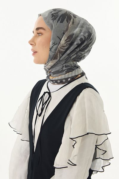 FENZA SCARF Σάλι GRACE Γκρι βαμβακερό με λουλουδάτο σχέδιο