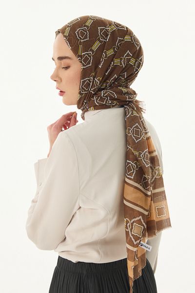 FENZA SCARF GLORIA - Καφέ βαμβακερό σάλι, μοτίβο κύβου