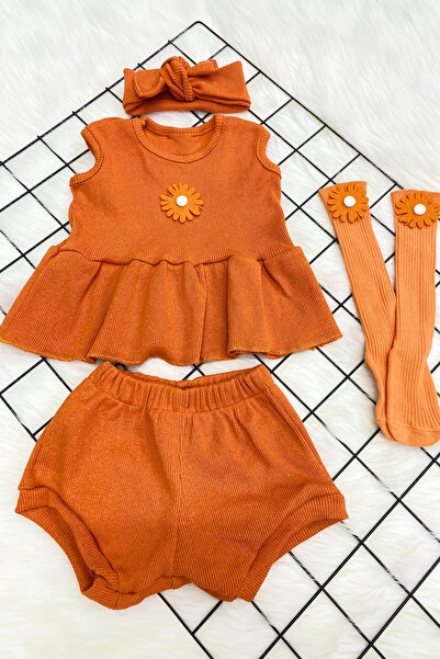 ADABEBEK Yeni Sezon Kalp Figürlü Bandana ve Çorap Aksesuarlı Ribana Şortlu Takım