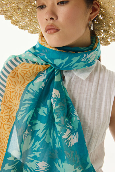 FENZA SCARF GRACE Πράσινο βαμβακερό σάλι με λουλούδια μέντας