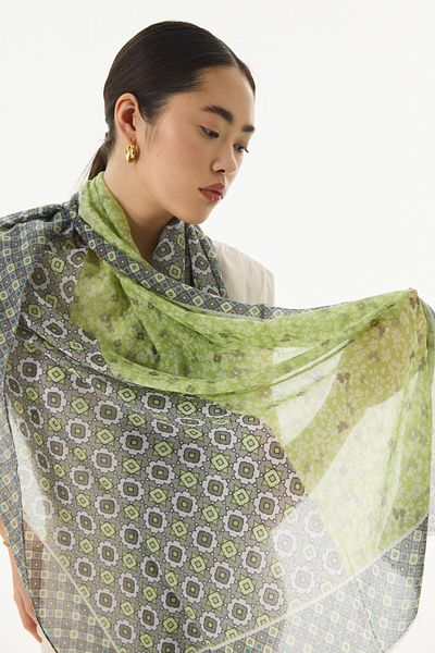 FENZA SCARF Βαμβακερό σάλι με χακί χρώμα βιολετί γεωμετρικό σχέδιο λουλουδιών