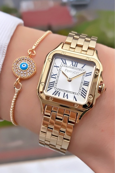 Ferrucci Marka Sarı Renk Çelik Kordon 2 Yıl Garantili Kadın Kol Saati - Bileklik