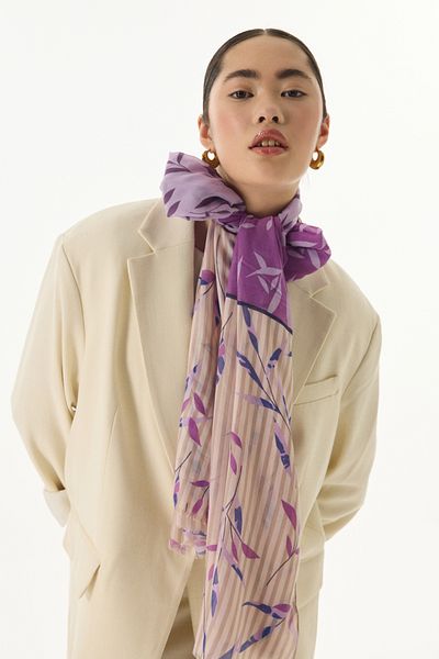 FENZA SCARF Lilac Cotton IVY Striped Leaf Patterned Shawl