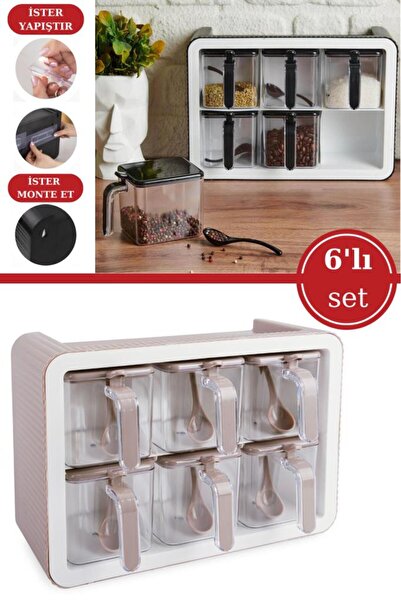 Flora 6’lı Baharatlık Seti, Standlı Kaşıklı Kapaklı Yapışkanlı Baharat Erzak Saklama Takımı