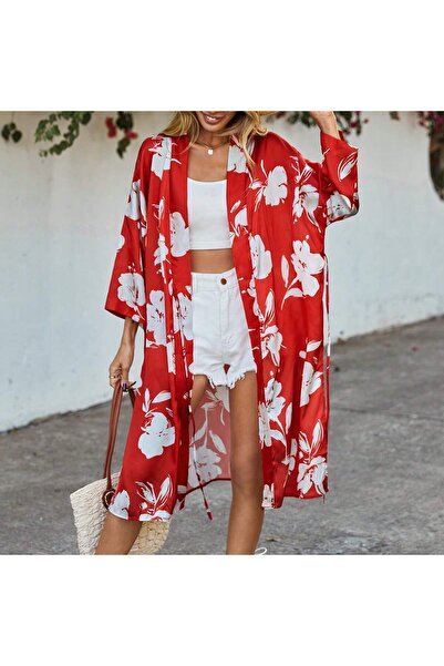 Dreamlike Uzun Kol Desenli Belden Bağlamalı Rahat Kalıp Uzun Saten Kimono